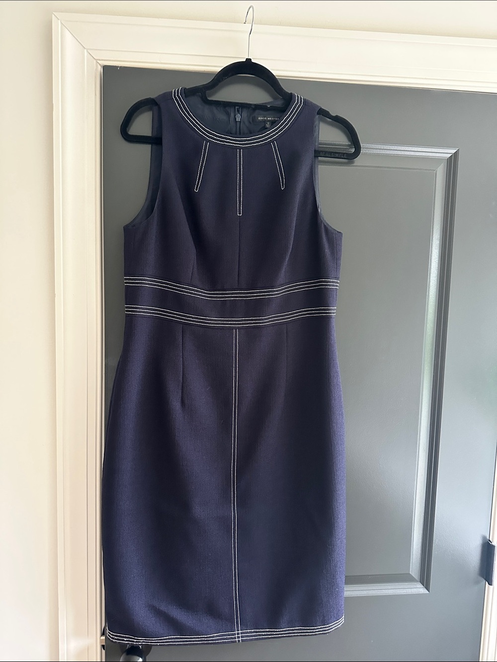 David Meister Navy Sheath Dress with White Contrast Stitching